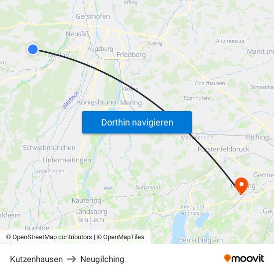 Kutzenhausen to Neugilching map