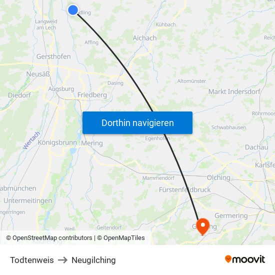 Todtenweis to Neugilching map