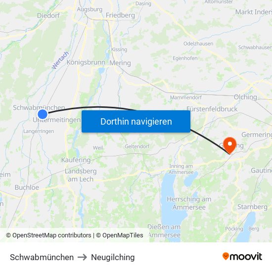 Schwabmünchen to Neugilching map