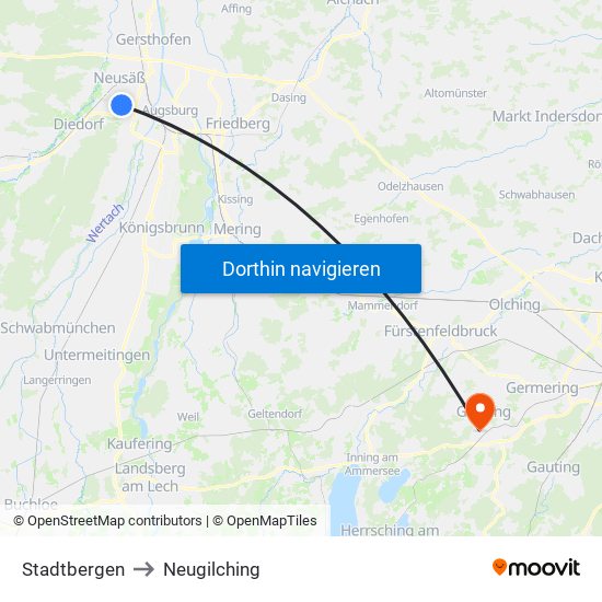 Stadtbergen to Neugilching map