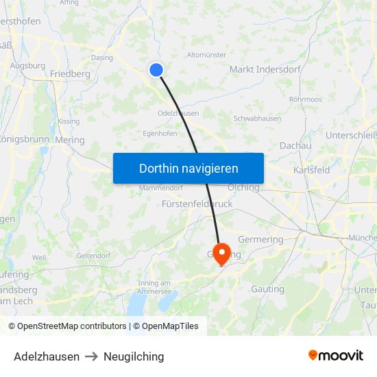 Adelzhausen to Neugilching map