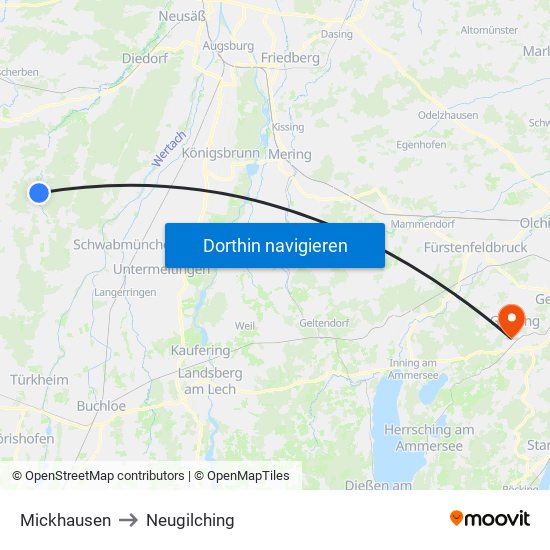 Mickhausen to Neugilching map