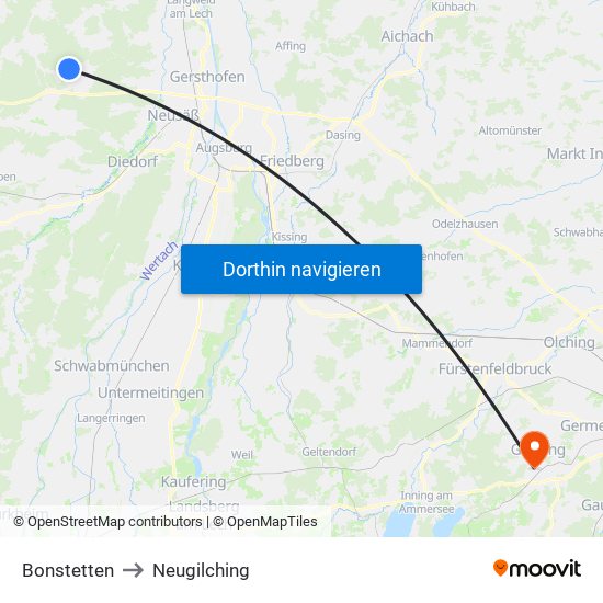 Bonstetten to Neugilching map