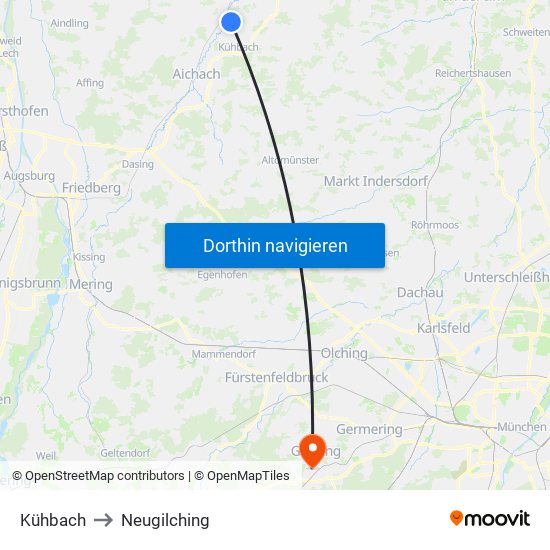 Kühbach to Neugilching map