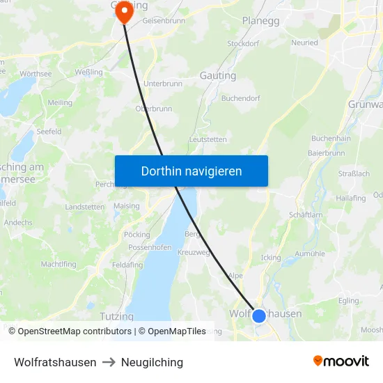 Wolfratshausen to Neugilching map