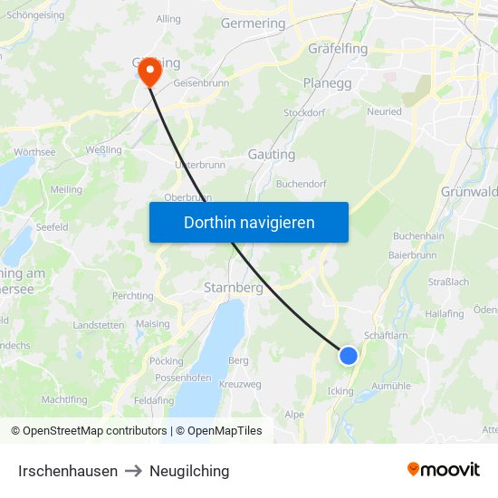 Irschenhausen to Neugilching map