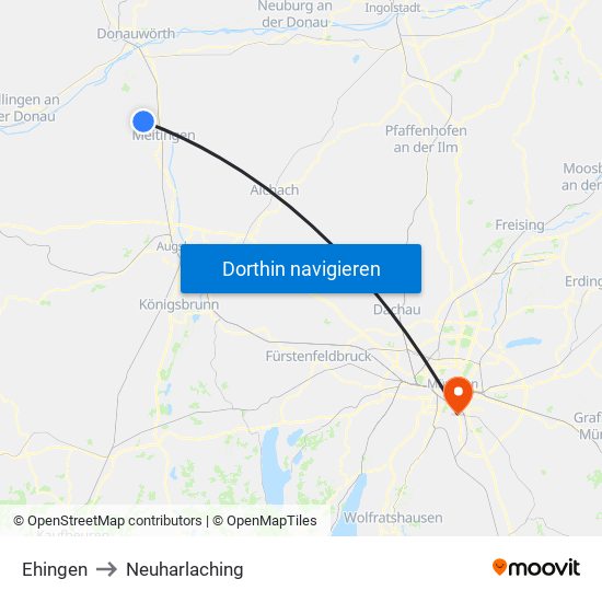 Ehingen to Neuharlaching map