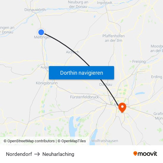 Nordendorf to Neuharlaching map