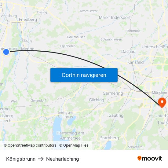 Königsbrunn to Neuharlaching map