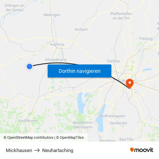 Mickhausen to Neuharlaching map