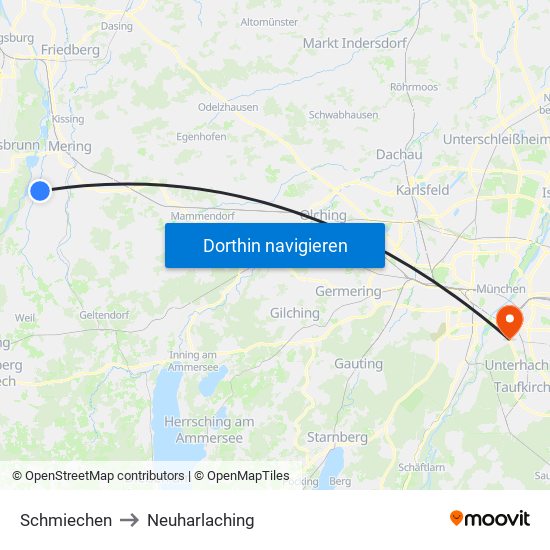 Schmiechen to Neuharlaching map