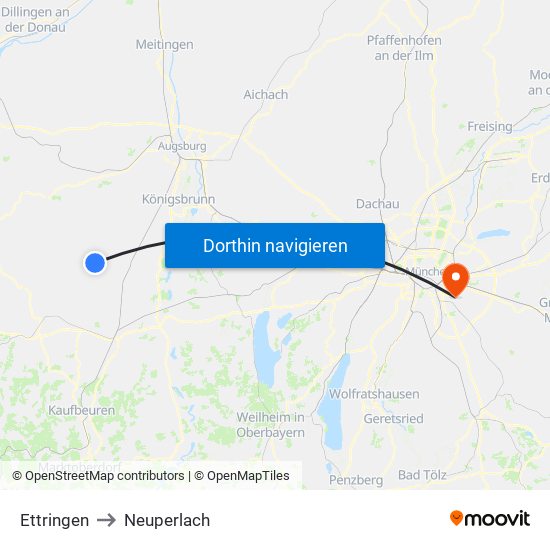 Ettringen to Neuperlach map