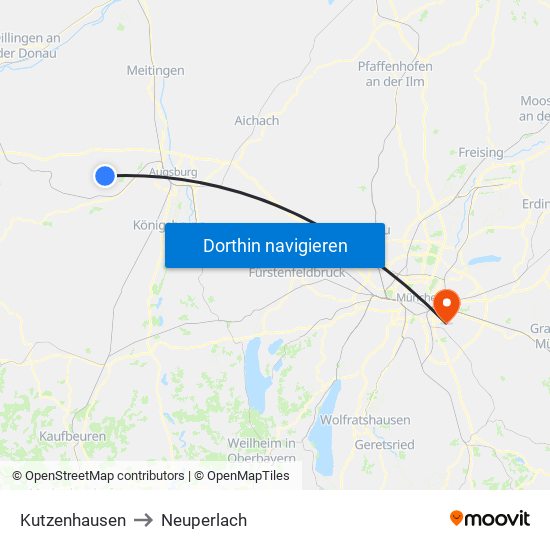 Kutzenhausen to Neuperlach map