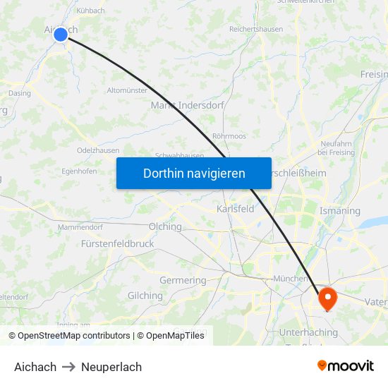 Aichach to Neuperlach map