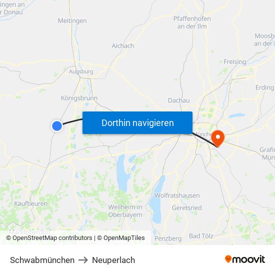 Schwabmünchen to Neuperlach map