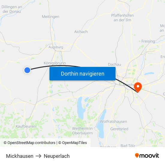 Mickhausen to Neuperlach map