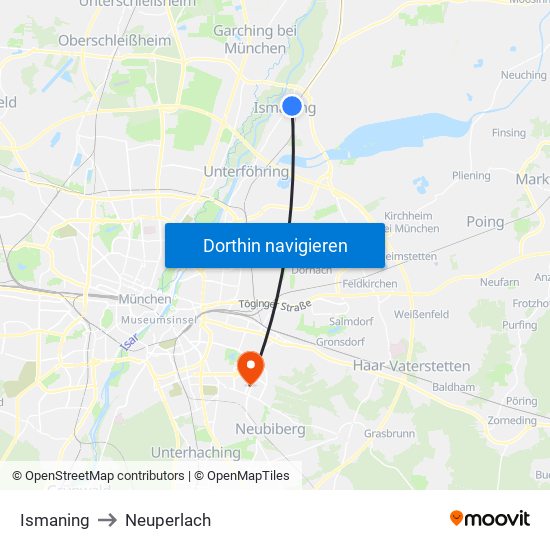 Ismaning to Neuperlach map