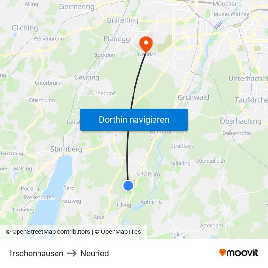 Irschenhausen to Neuried map
