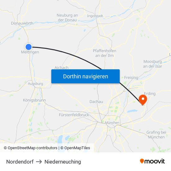 Nordendorf to Niederneuching map