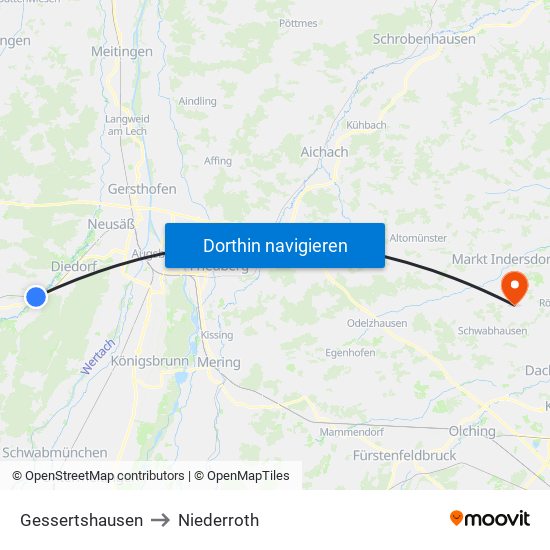 Gessertshausen to Niederroth map