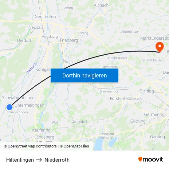 Hiltenfingen to Niederroth map