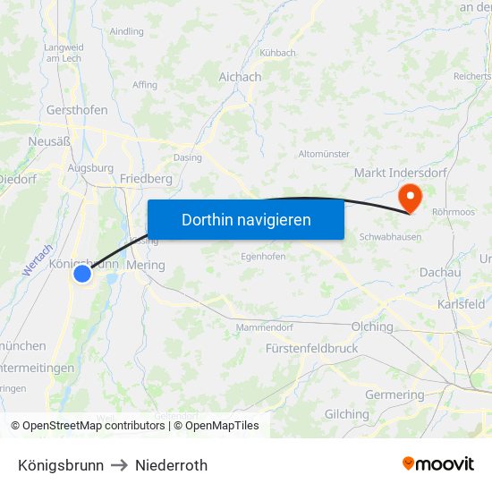 Königsbrunn to Niederroth map