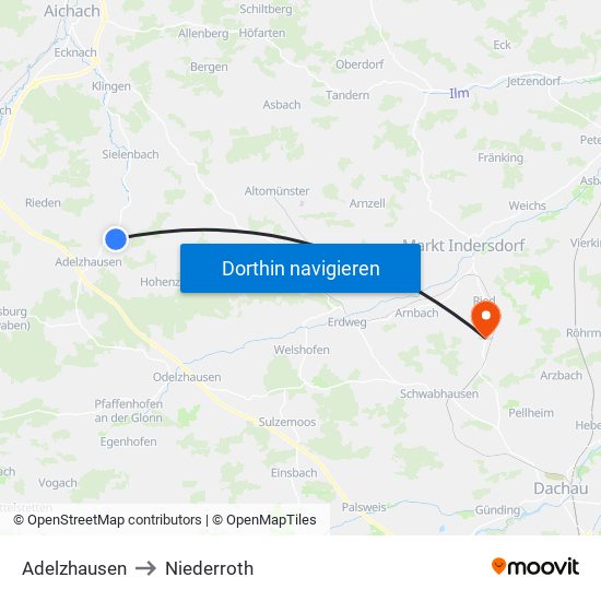 Adelzhausen to Niederroth map
