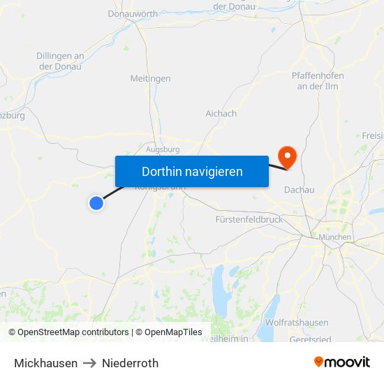 Mickhausen to Niederroth map