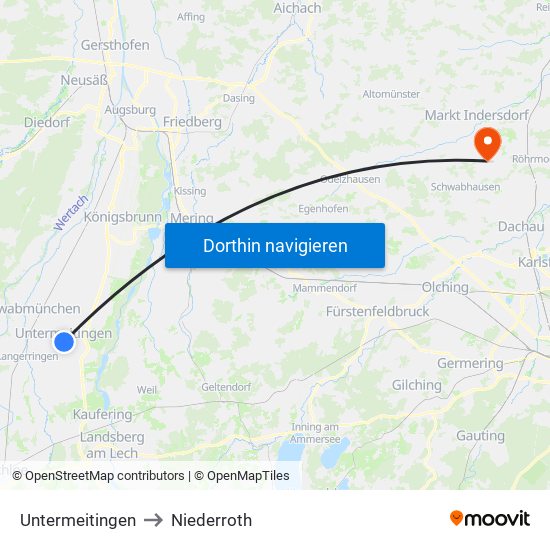 Untermeitingen to Niederroth map