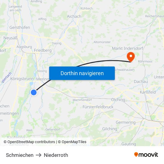 Schmiechen to Niederroth map