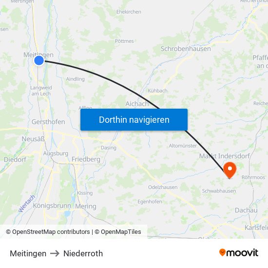 Meitingen to Niederroth map