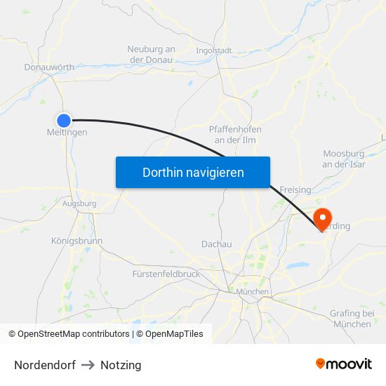 Nordendorf to Notzing map