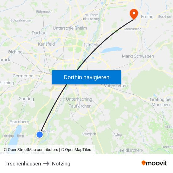 Irschenhausen to Notzing map