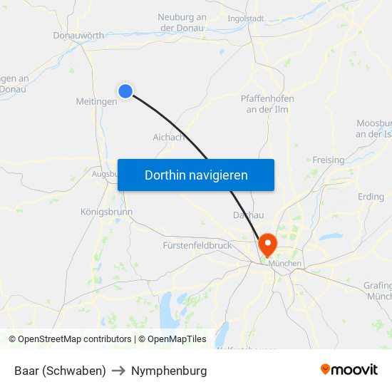 Baar (Schwaben) to Nymphenburg map