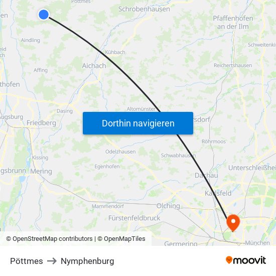 Pöttmes to Nymphenburg map