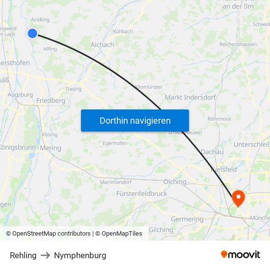 Rehling to Nymphenburg map