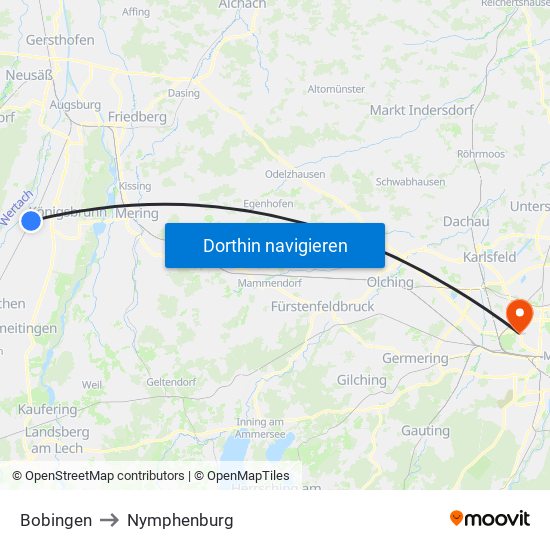 Bobingen to Nymphenburg map