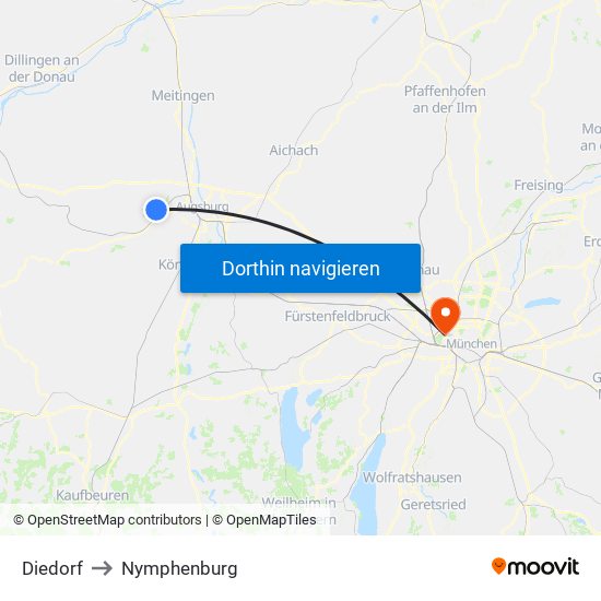 Diedorf to Nymphenburg map