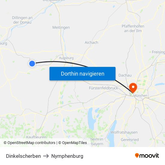 Dinkelscherben to Nymphenburg map