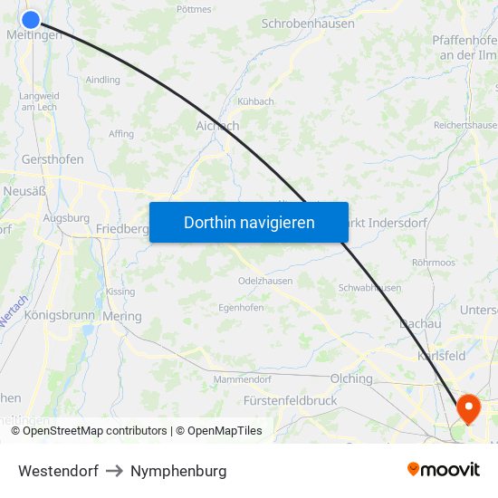 Westendorf to Nymphenburg map