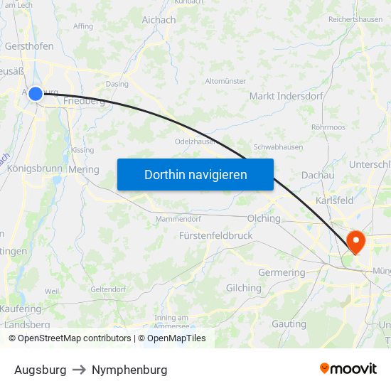 Augsburg to Nymphenburg map