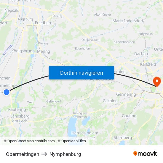 Obermeitingen to Nymphenburg map