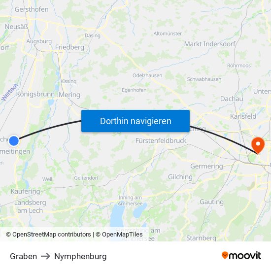 Graben to Nymphenburg map