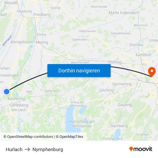 Hurlach to Nymphenburg map