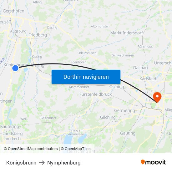 Königsbrunn to Nymphenburg map