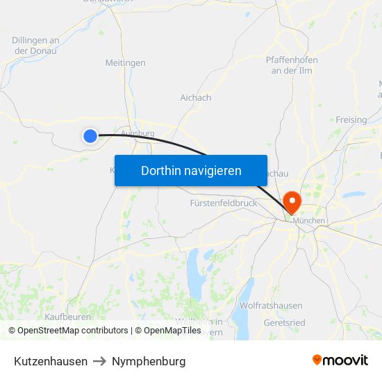 Kutzenhausen to Nymphenburg map