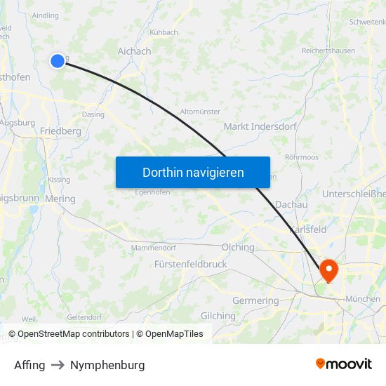 Affing to Nymphenburg map