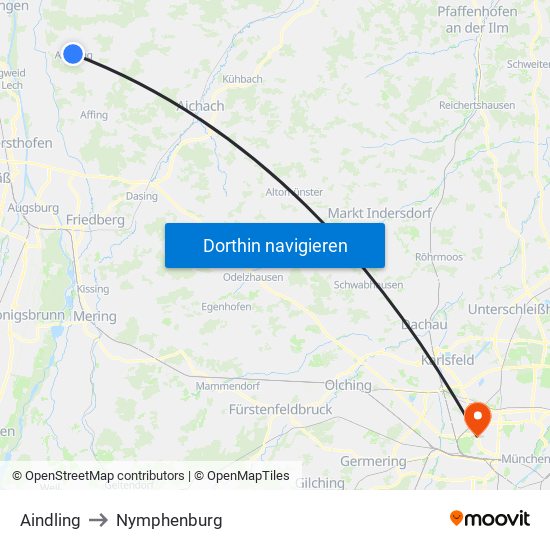 Aindling to Nymphenburg map