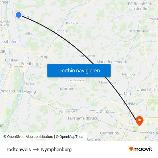 Todtenweis to Nymphenburg map