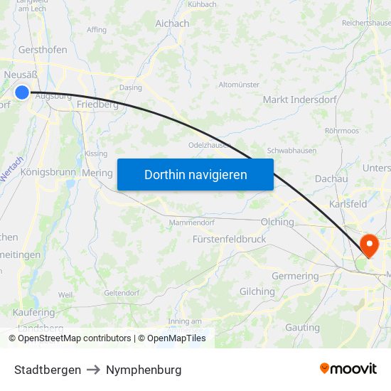 Stadtbergen to Nymphenburg map